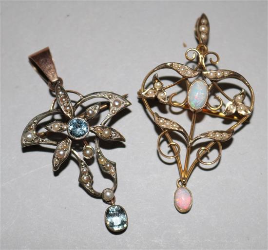 Two Edwardian 9ct gold and gem set drop pendants including white opal and aquamarine, largest 1.75in.